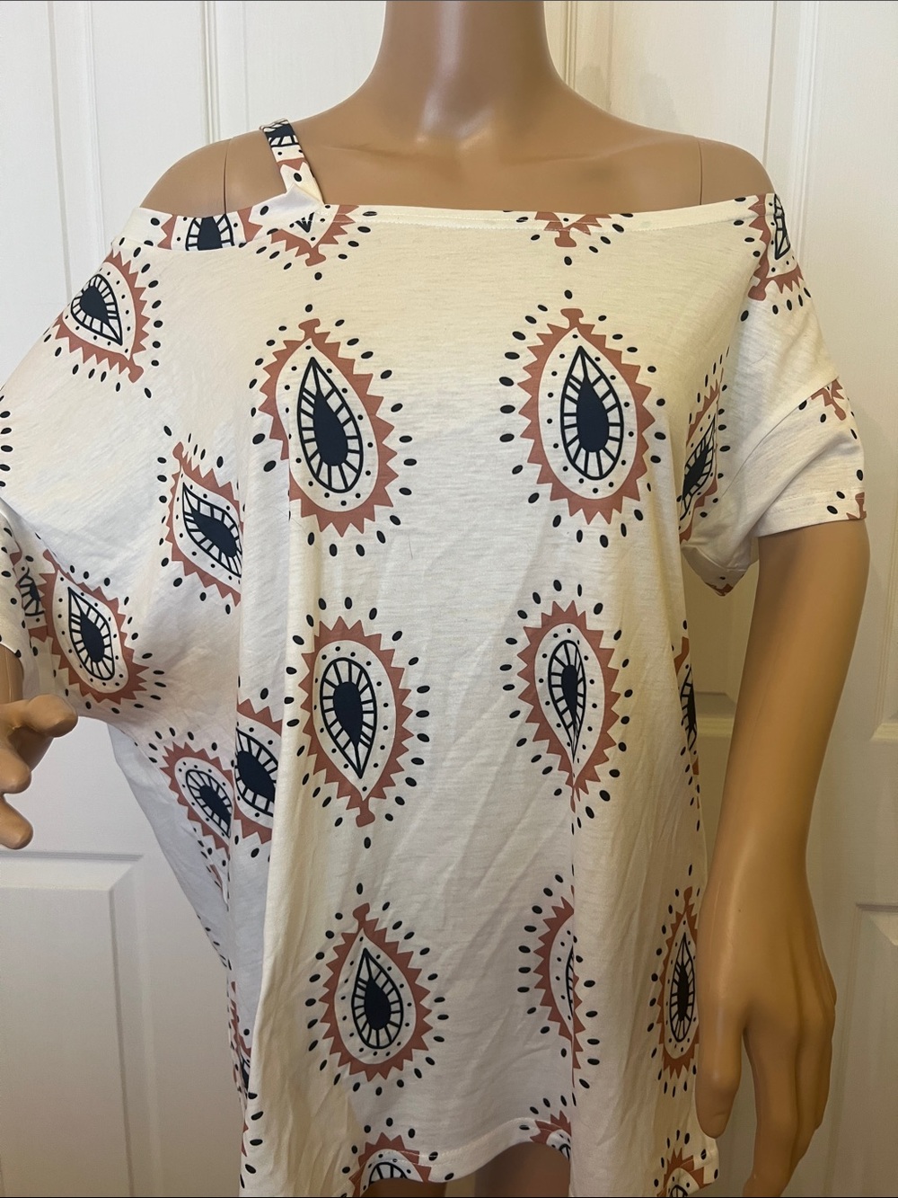 Cream Off-Shoulder Tunic with Navy & Terracotta Medallion Print